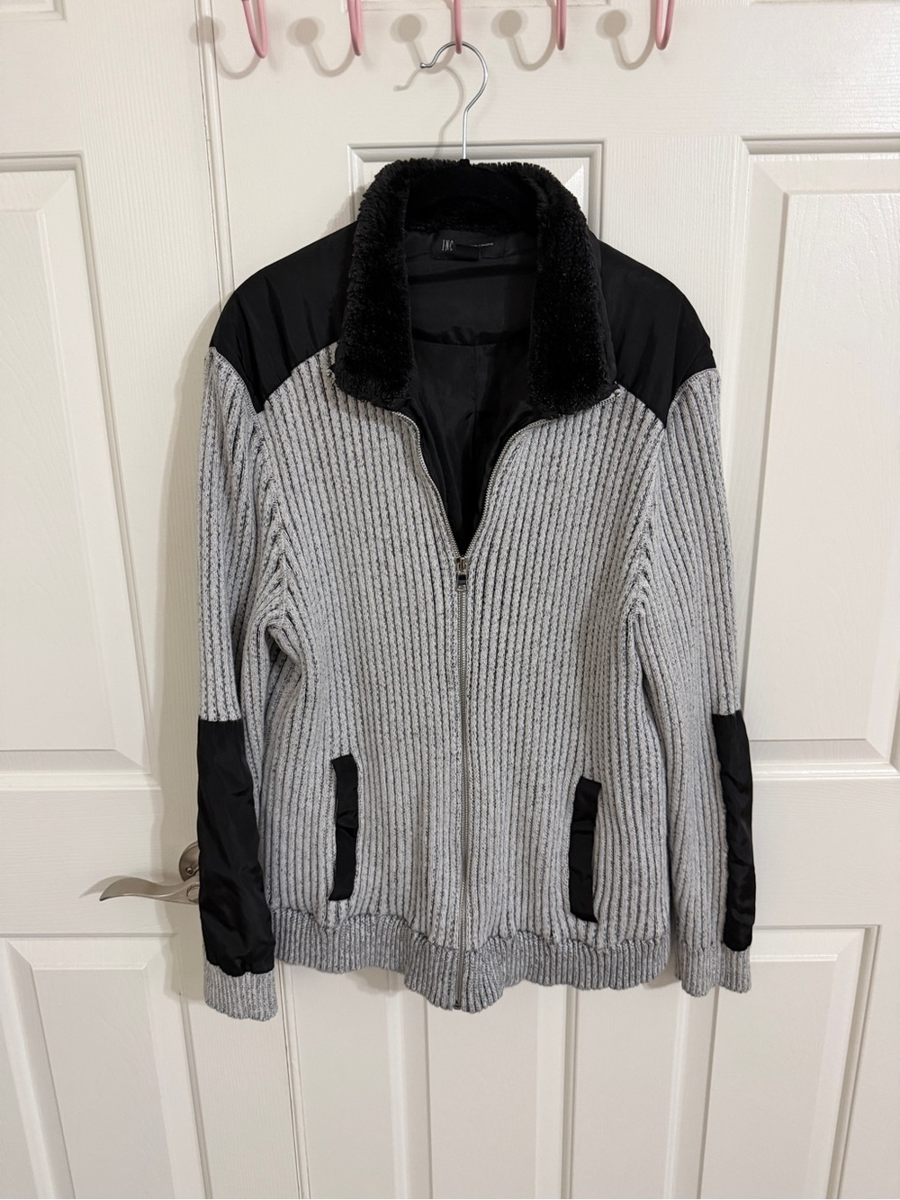 INC International Concepts Women’s XL Gray Ribbed Faux Fur Sweater Jacket Coat